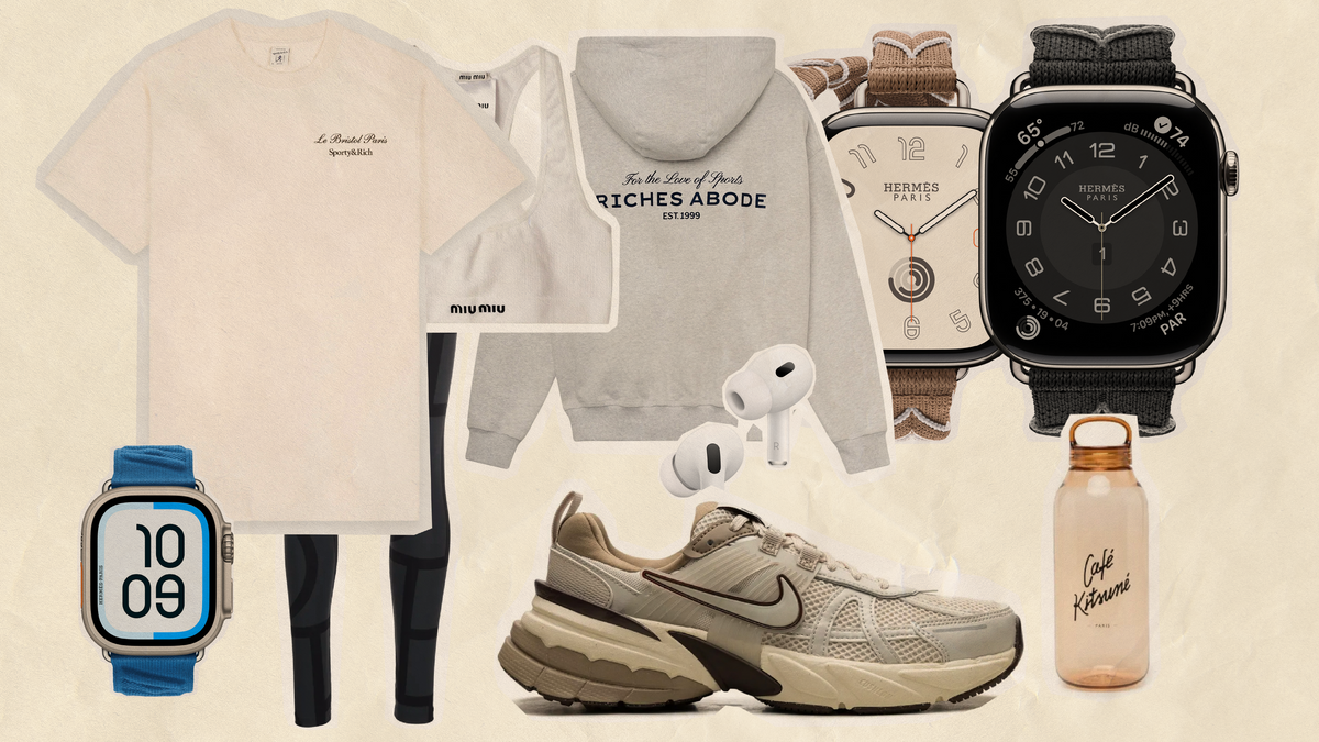 A collection of stylish items in a basic gym kit for muscle building, including attire and accessories.