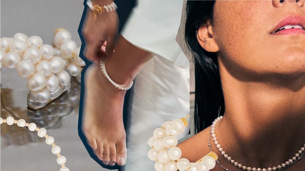 Close-up of pearls worn on a necklace and anklet, showcasing pearls wearing tips.