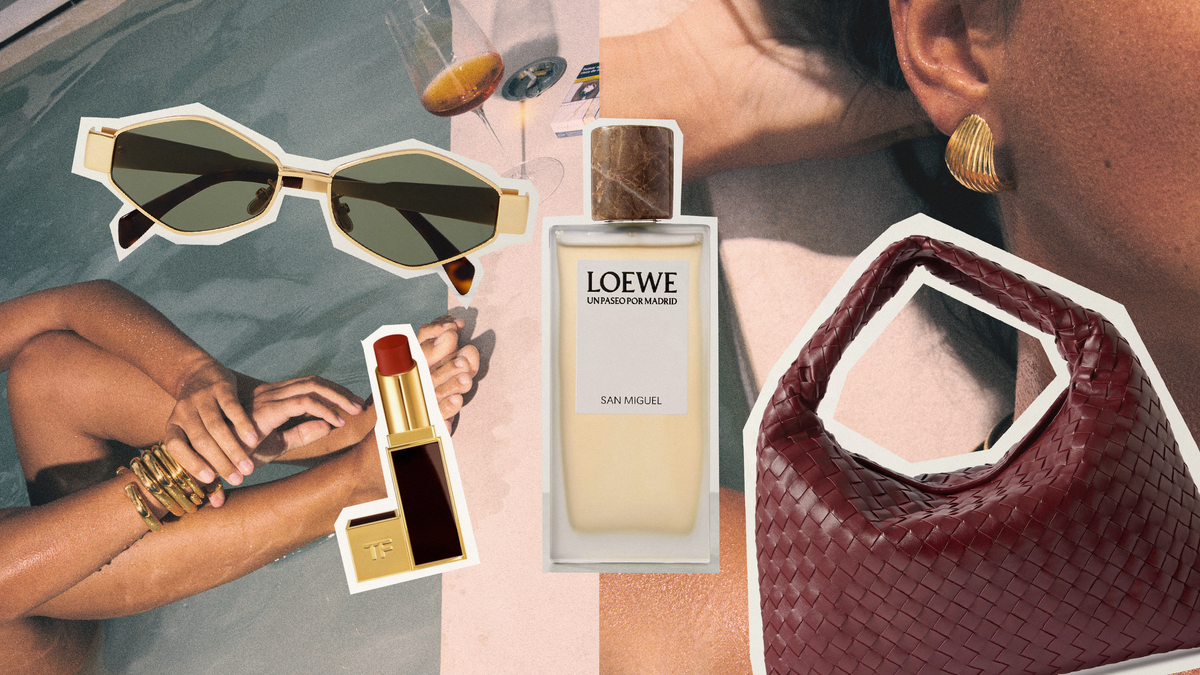 The perfect holiday travel bag with stylish sunglasses, perfume, lipstick, jewelry, and a fashionable purse.