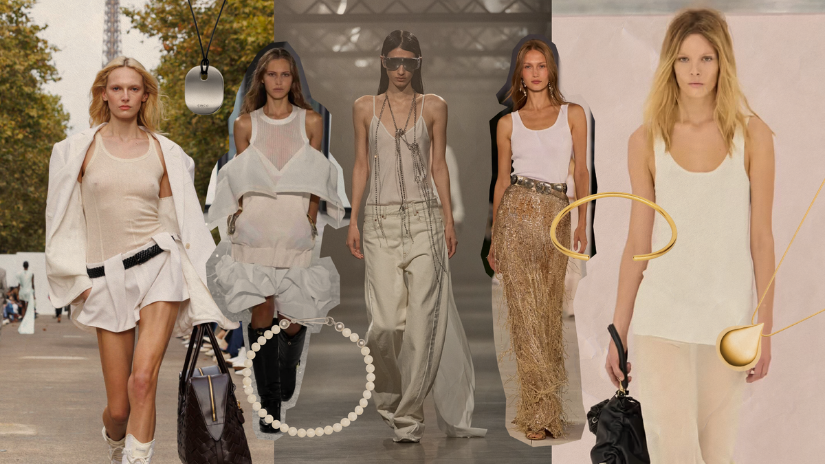 Models showcasing white tank tops spring summer 2025 trend with stylish necklaces and accessories