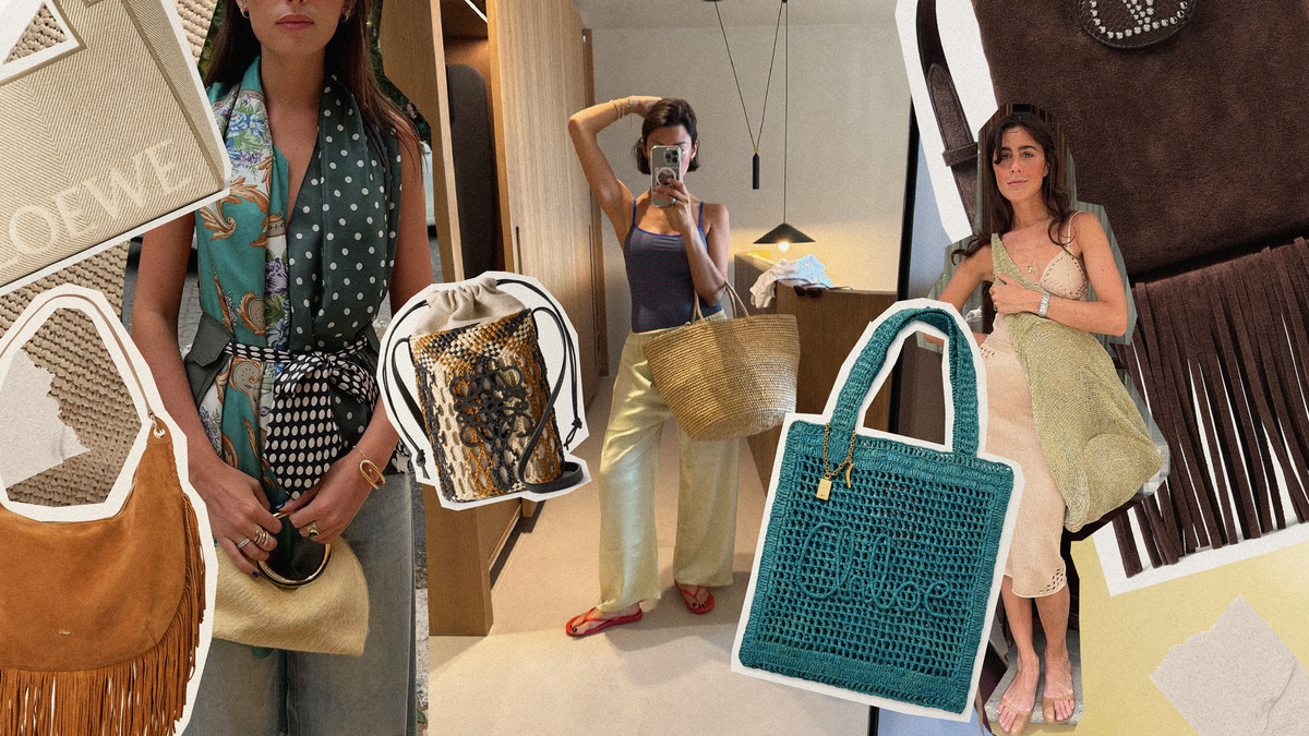 Stylish models showcasing various handbags representing 2025 summer handbag trends in a vibrant collage.