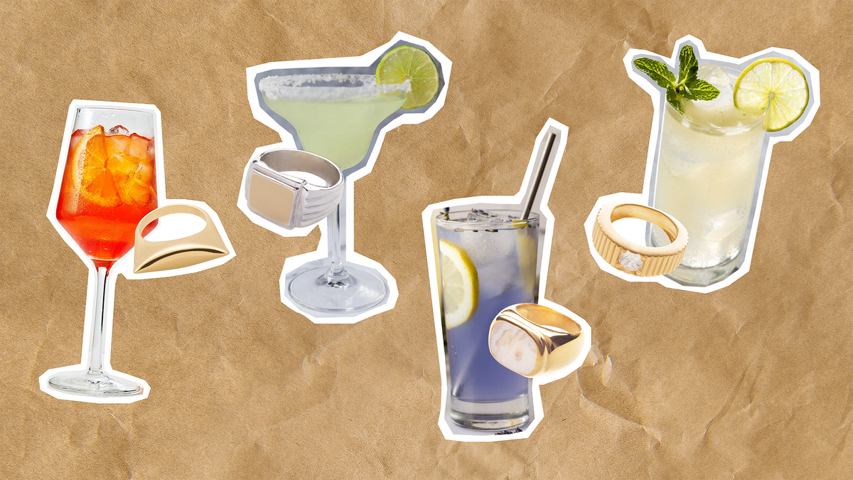 Matching drinks and rings for summer, featuring colorful cocktails and elegant jewelry pieces.