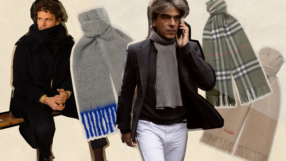 Men's winter scarves accessory showcased with stylish men in winter outfits.