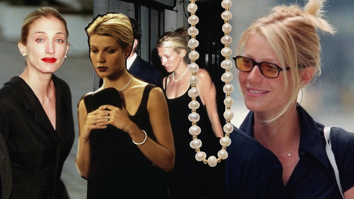 90s minimalist jewelry styles showcased in elegant, understated fashion looks and pearl necklaces.