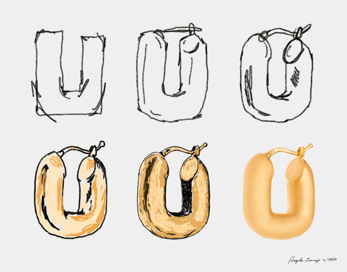 five sketches illustrating the cinco jewelry design process