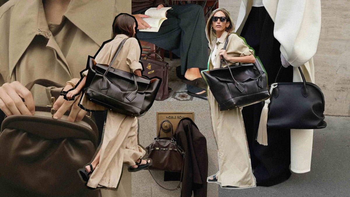 Fashionable women showcasing contemporary luxury bags in a stylish urban setting.