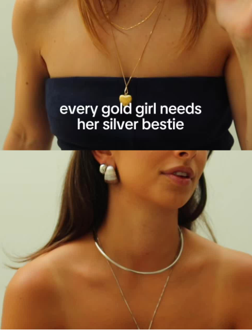 A split-screen lifestyle image showing a woman wearing layered necklaces. The top half shows a strapless navy tube top with a gold pendant necklace and a second layered gold necklace.