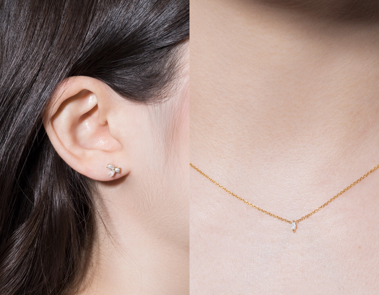 Close-up of an ear wearing a gold earring and a matching necklace on a neutral background