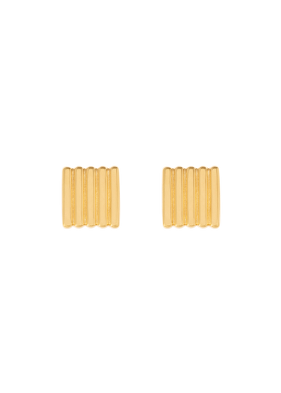 A pair of gold rectangular stud earrings with vertical ridges, shown on a plain white background.