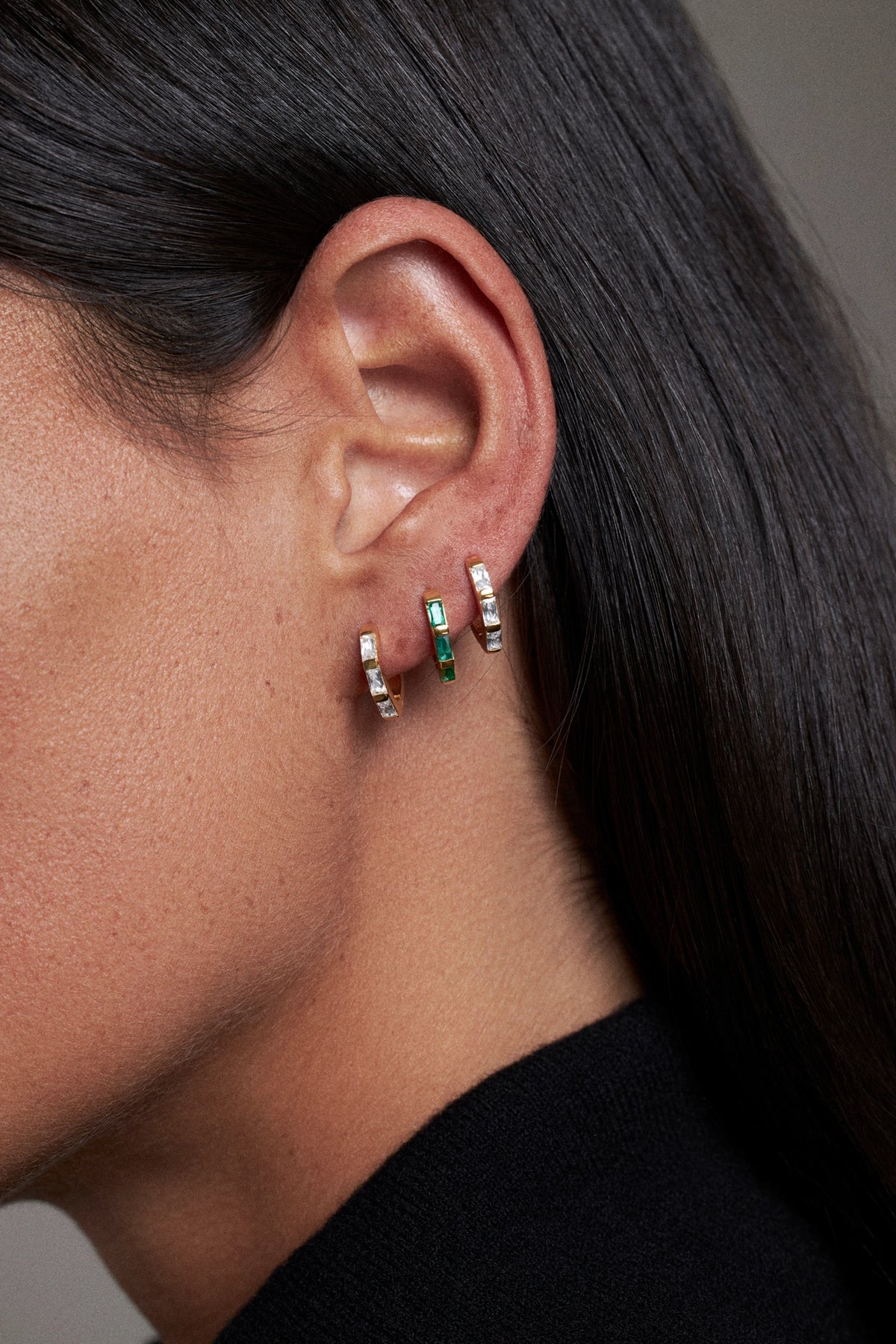 CINCO hoop-earrings-side-view-with-green-stone-and-diamonds