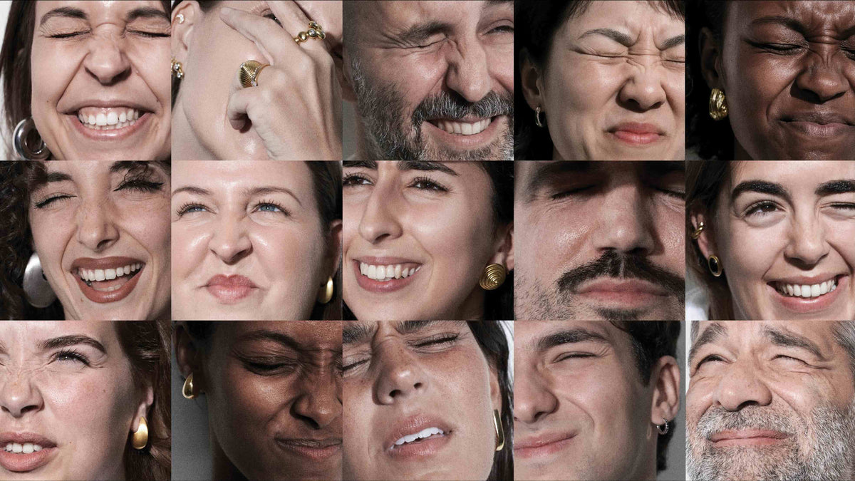 Collage of various people's faces with a neutral background